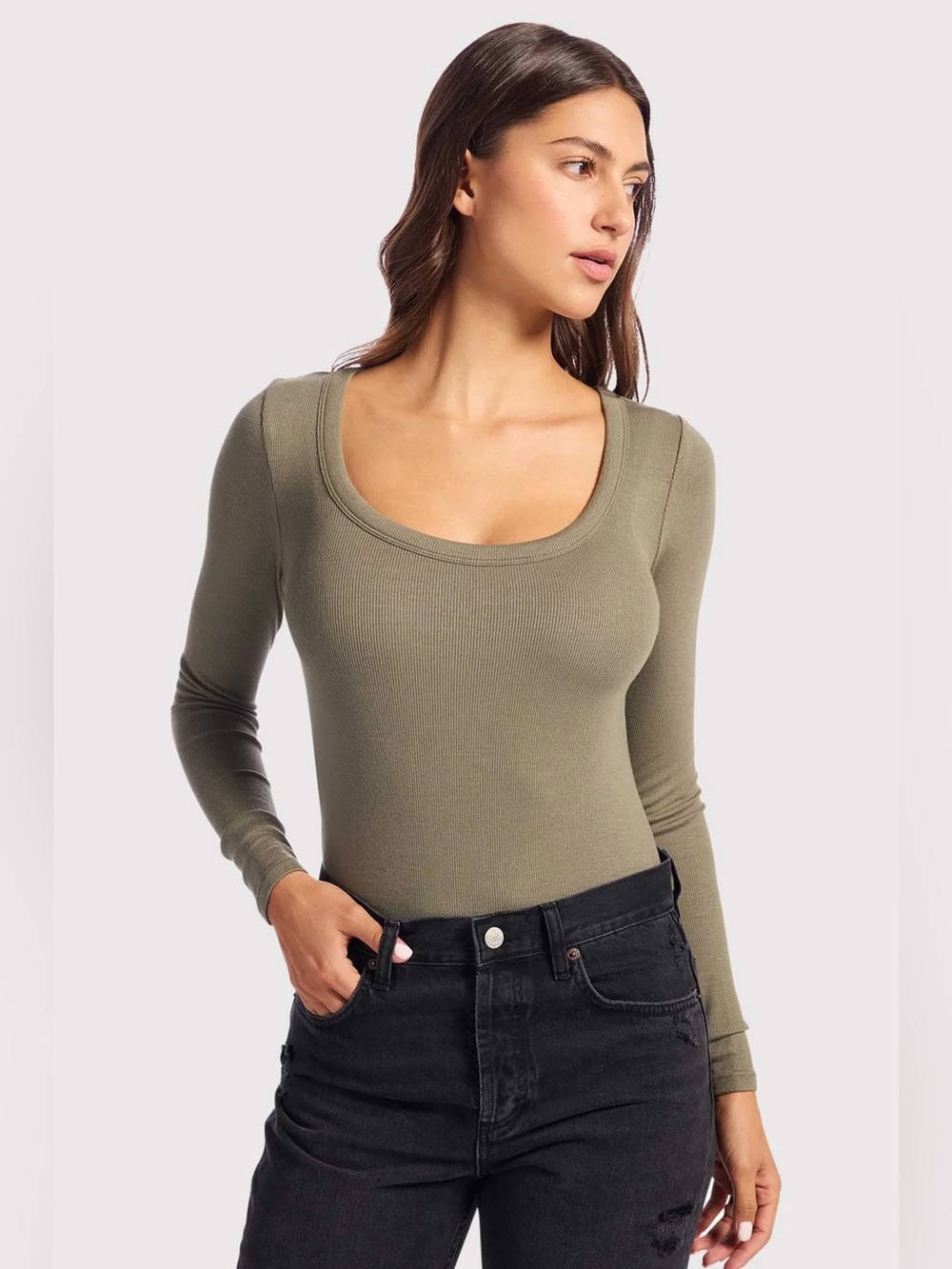 nuuds Slinky Rib Long Sleeve Bodysuit in Olive Size Medium